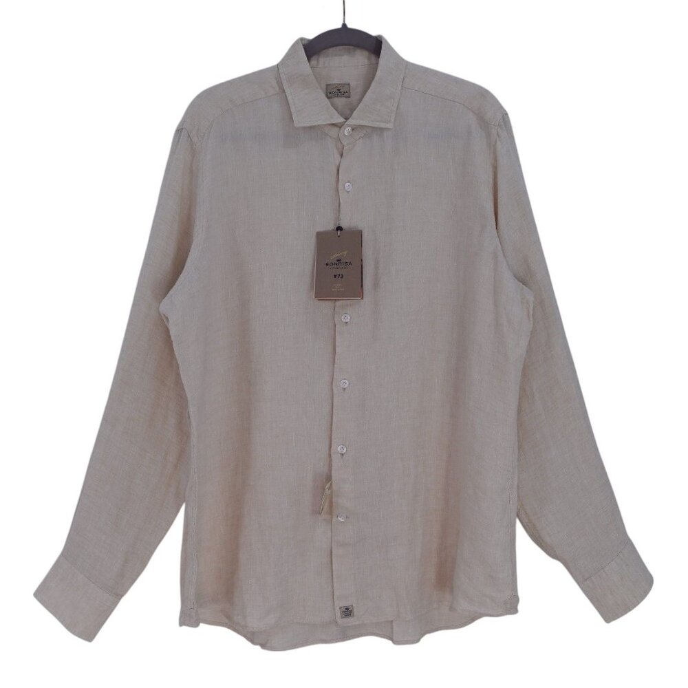 NWT Sonrisa Luxury Shirt Dress Sz 44-17.5 Beige Chevron Button Up Long Sleeves